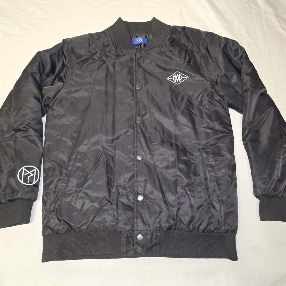 Madness Jacket Size L Black Satin Bomber Logo Snap NWOT